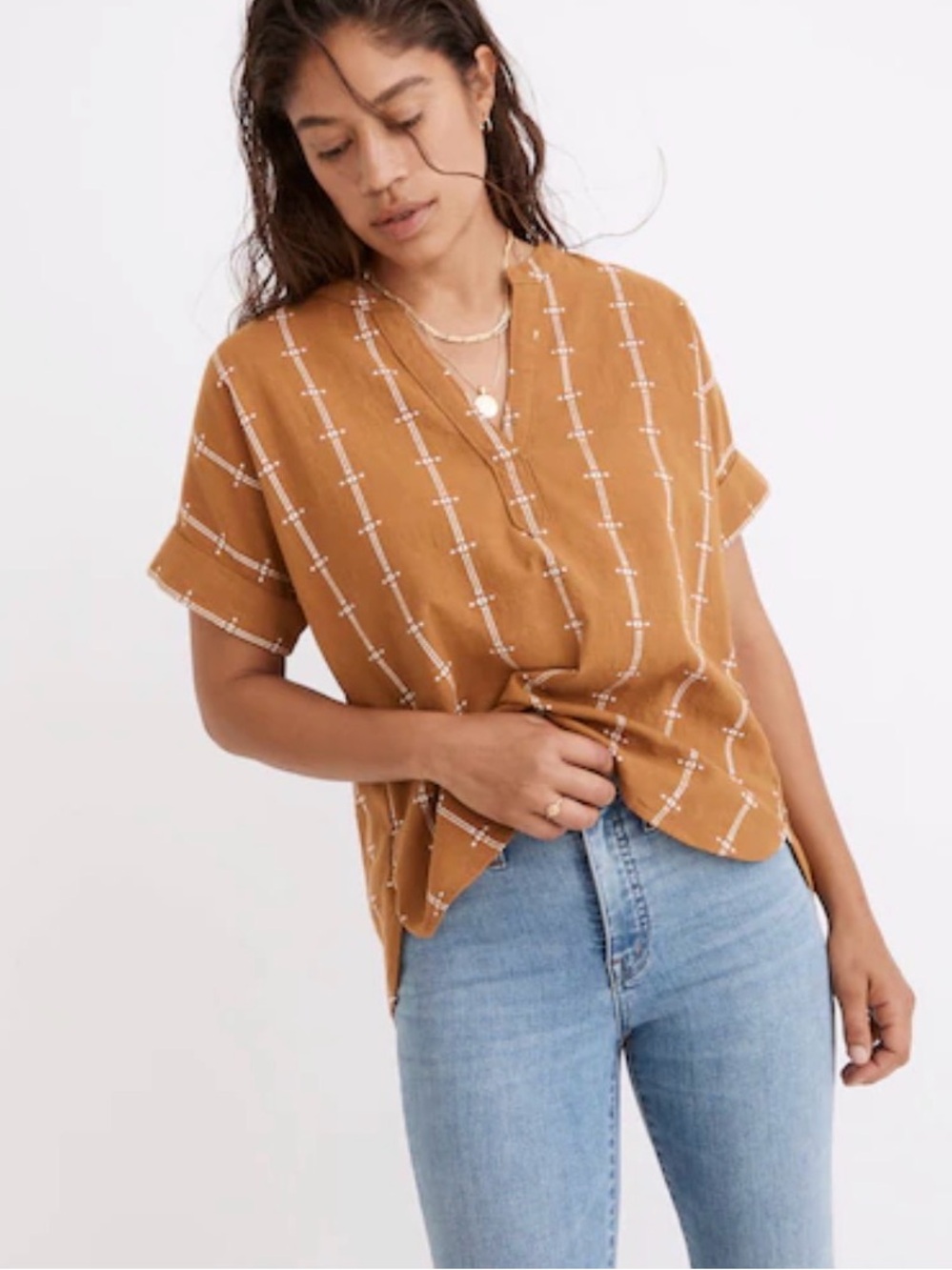 Madewell Rust-Tan Short Sleeve V-Neck Blouse with White Grid Detail